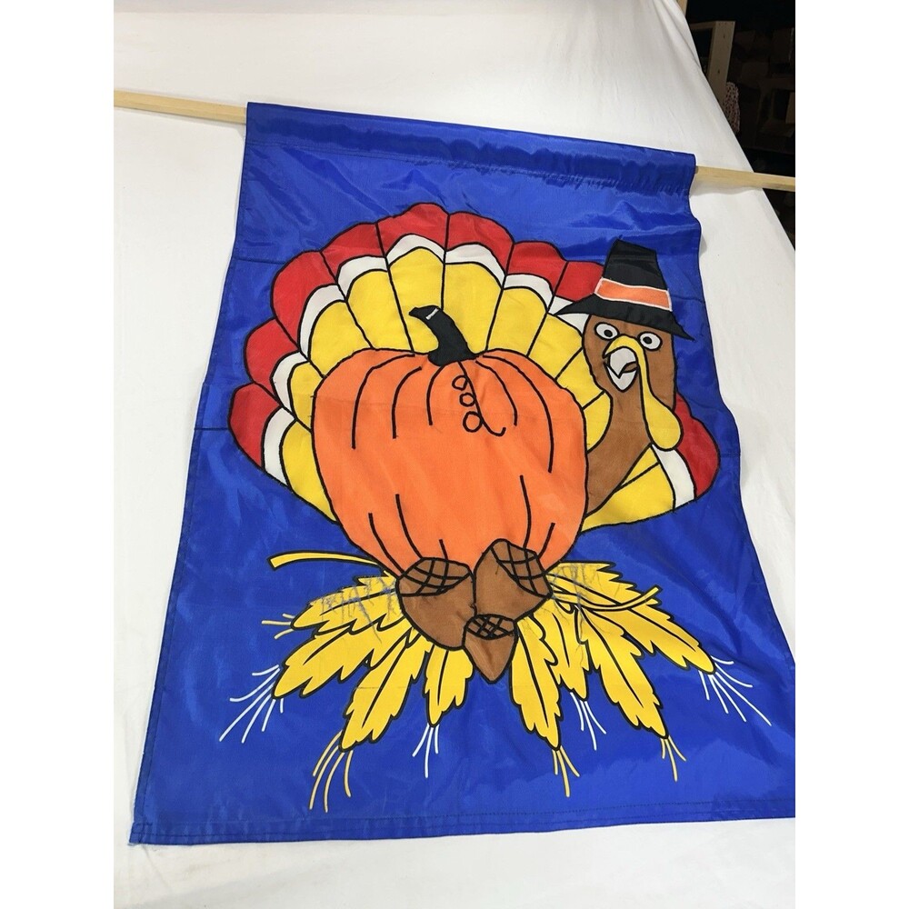Vintage Turkey Thanksgiving Pilgrim Holiday Hanging Flag Large